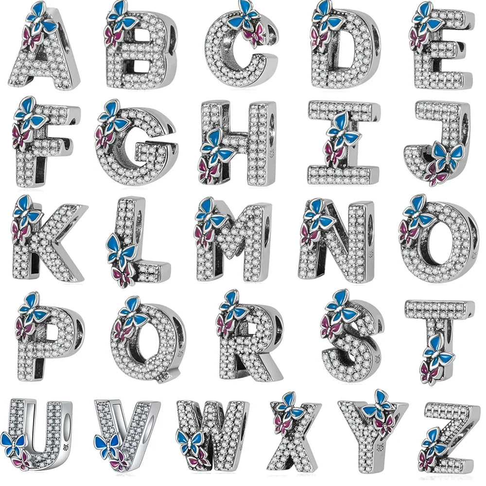 Berloque de Lestras do Alfabeto em Prata 925 - Pedras com Borboleta