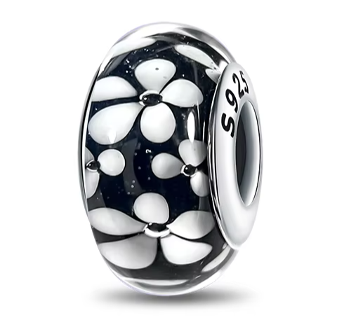 Separador de Berloques My Life em Prata - Preto com Flor Branca