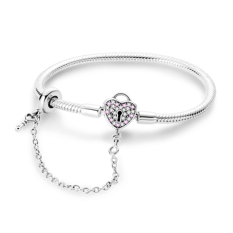 Pulseira para Berloques My Life em Prata com Trava de Segurança de Cadeado de Coração com Pedras Rosas