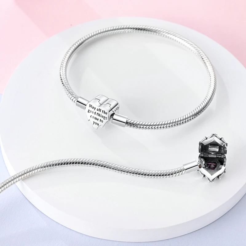 Bracelete para Berloque My Life - Coração Branco com Pedra Rosa